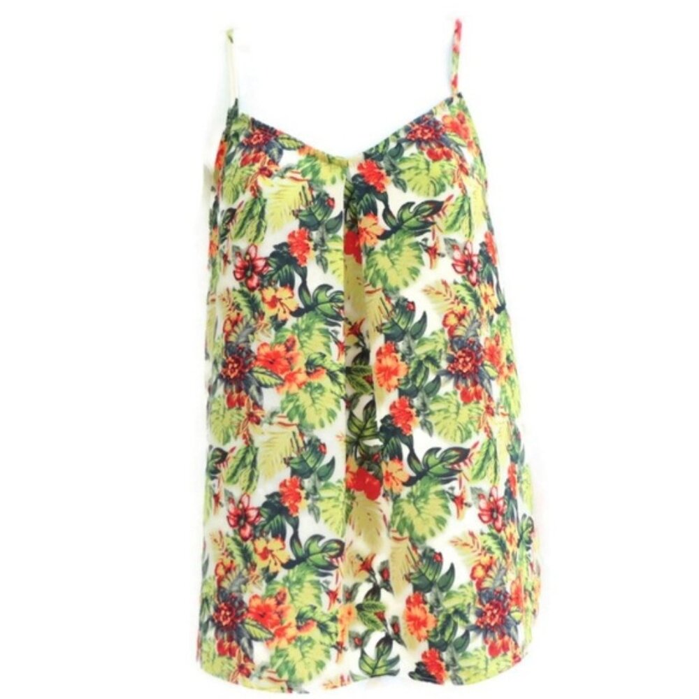 Skies Are Blue Cami Top Hawaiian Floral Adj Straps V Neck Pleat XS